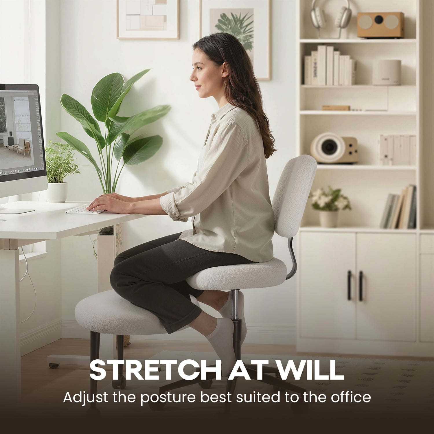 Waleaf Ergonomic Cross Legged Office Chair, Boucle ADHD & Meditation Chair for Adult, Lumbar Support Swivel Wide Seat, Yoga & Kneeling chair