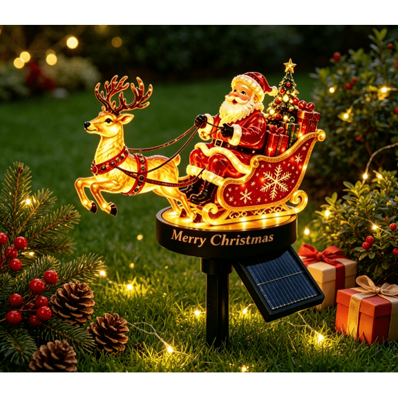 Light‑Up Santa Claus Reindeer Sleigh Solar Stake Light, Weather Resistant Outdoor Christmas Decoration for Garden Walkway Holiday Party Scene