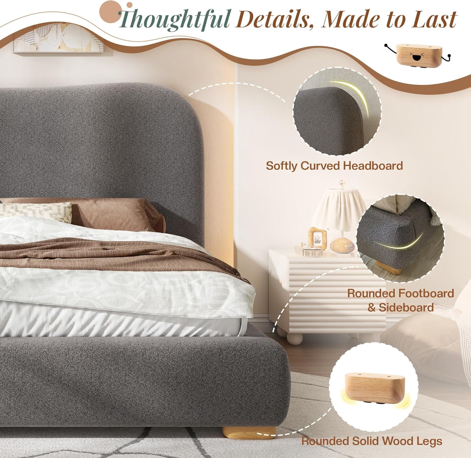 VanAcc Full Size Cloud Bed Frame, 7.1" Thick Curved Headboard, Modern Upholstered Platform Bed, Easy Assembly, Chenille Dark Grey