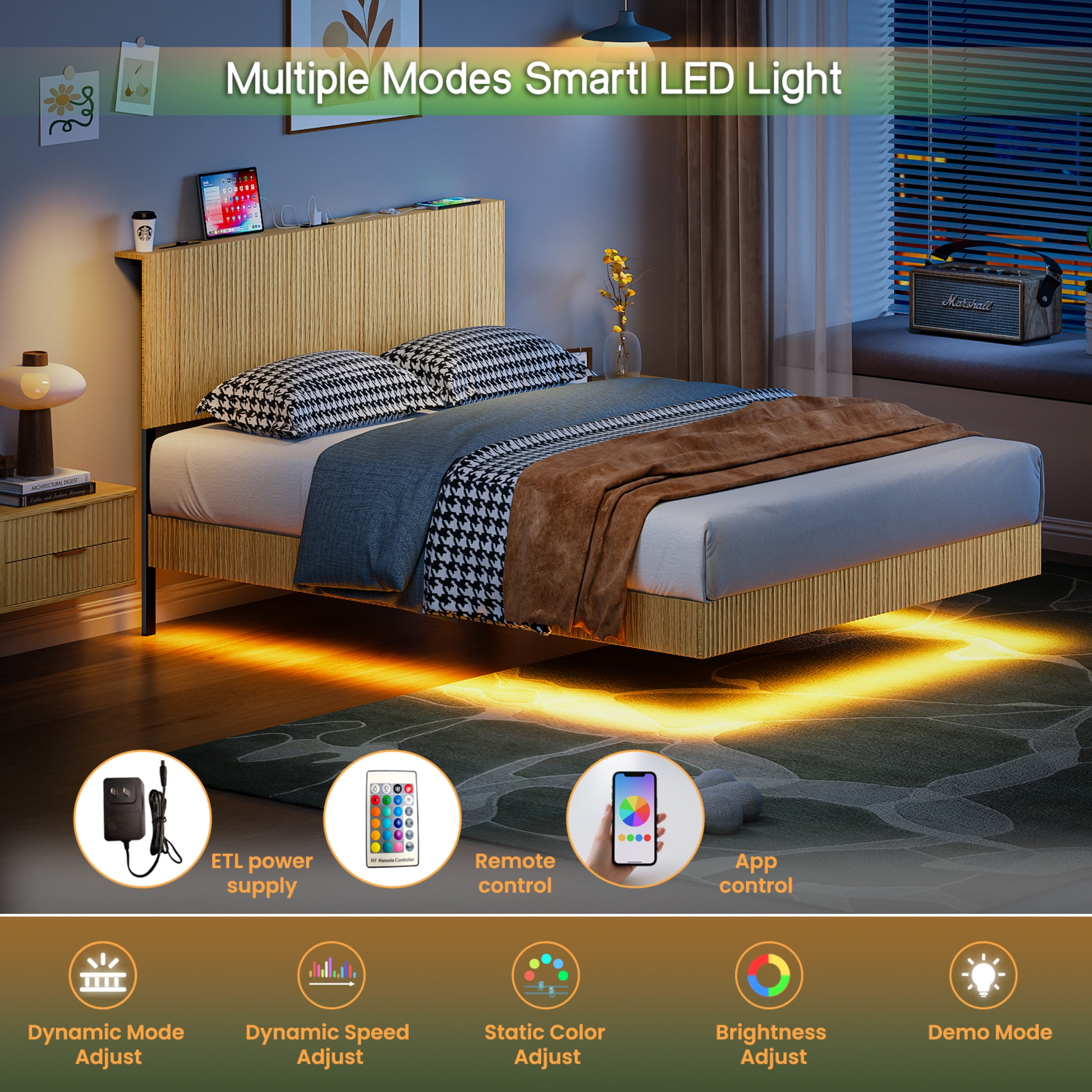 Noble House Modern Queen Floating Bed Frame with Charging Station, LED Lights & Wavy Headboard, Oak