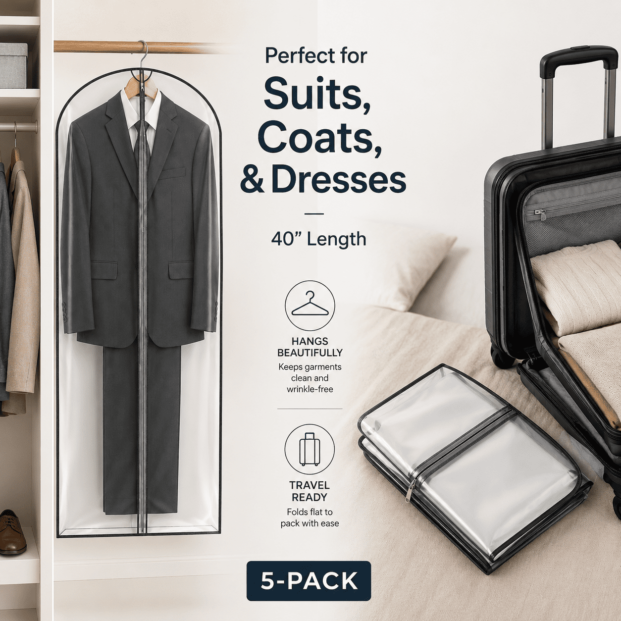 5-Pack 40-Inch Clear Garment Bags for Clothes - Waterproof, Dustproof, Hanging Storage Cover for Suits, Jackets, Sweaters, and Coats