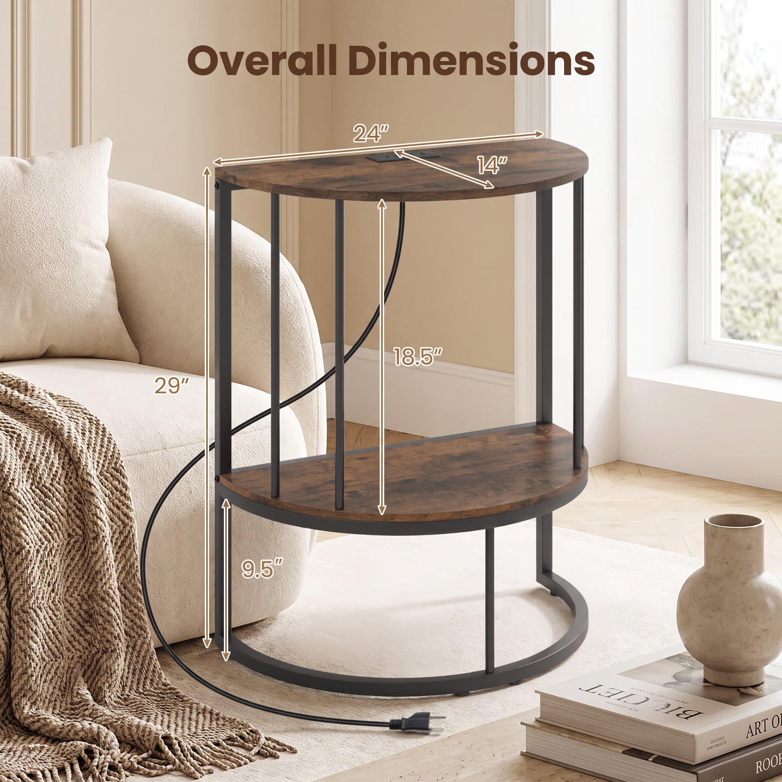 Furnibear 2 Tier Half Moon Console Table with Power Outlets and Storage Shelf for Entryway Hallway and Living Room Sofa, Rustic Brown