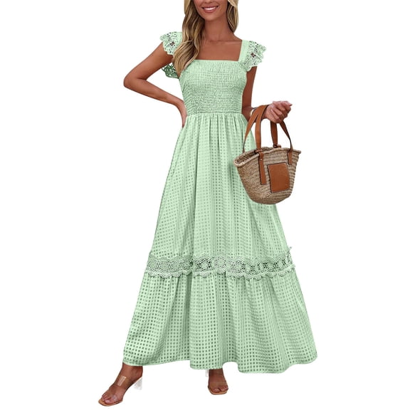 FDGIU 2025 Women's Linen Summer Dresses - Sleeveless Round Neck Smocked Tiered Midi Sundress, Loose Flowy Beach Casual Boho Tank Dress