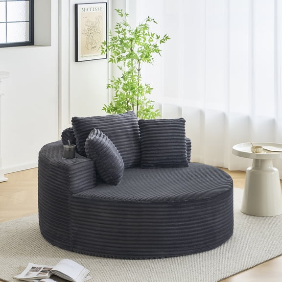 Garvee 55" Oversized Round Chaise Lounge Chair, Corduroy Circle Couch with Cup Holders, Deep Seat Sofa for Living Room Bedroom, No Assembly Required, Gray