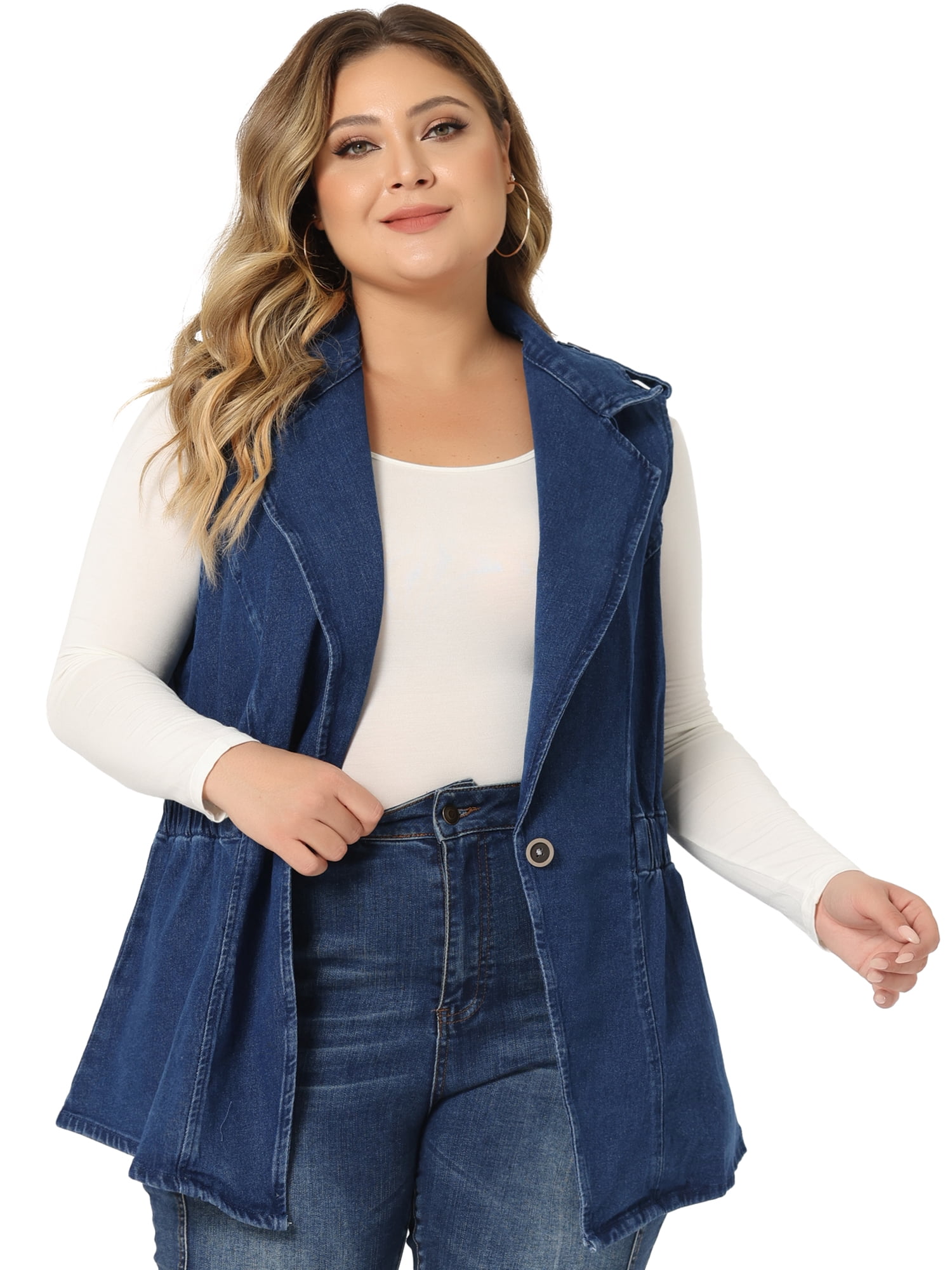 DARING DIVA Women's Plus Size Sleeveless Lapel Button Elastic Waist Jackets 3X Dark Blue