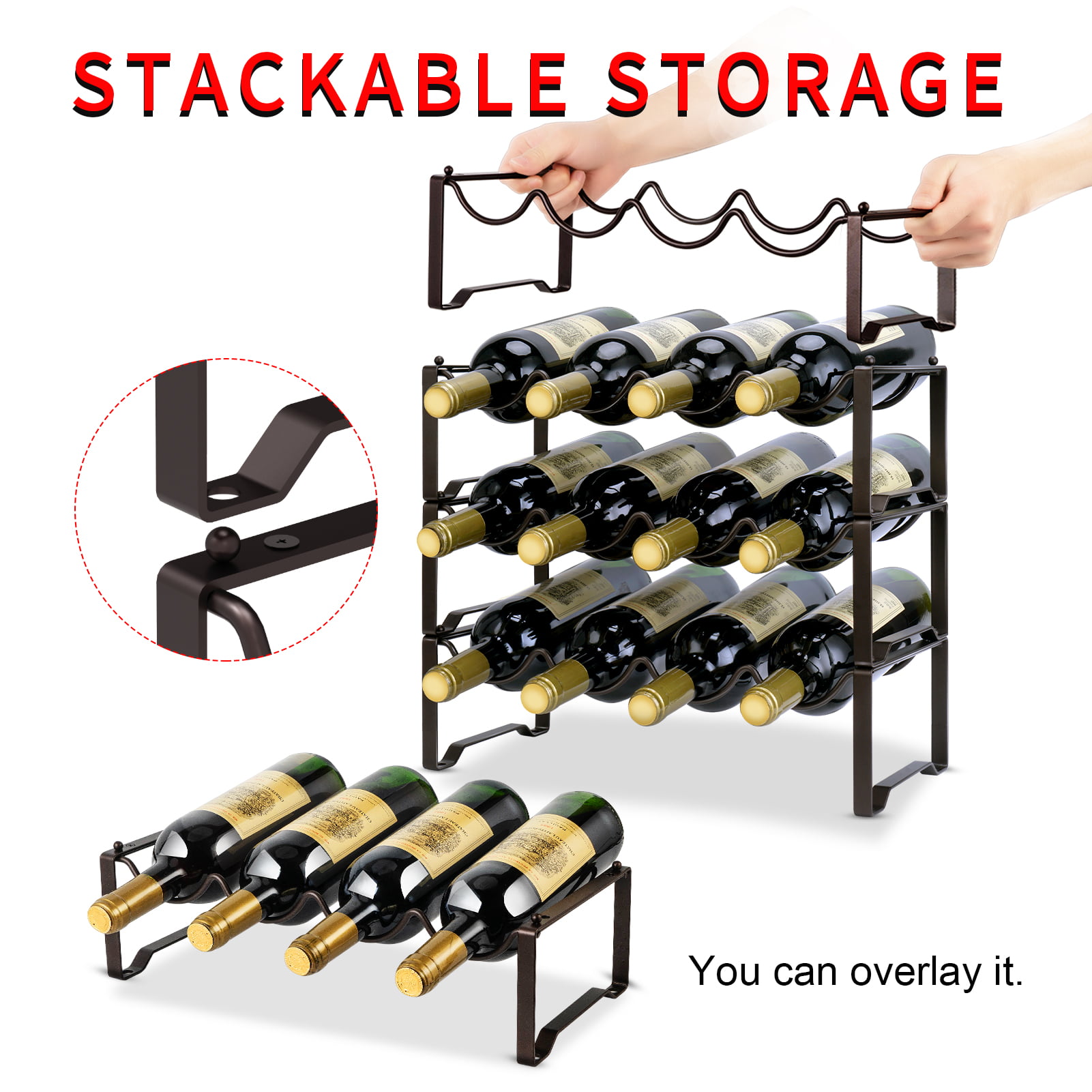 Metal 3 Tier Stackable Wine Rack Freestanding Floor Wine Racks Countertop for Kitchen Pantry Cabinet Hold 12 Bottles Wine Cellar Bottle Holder Storage 