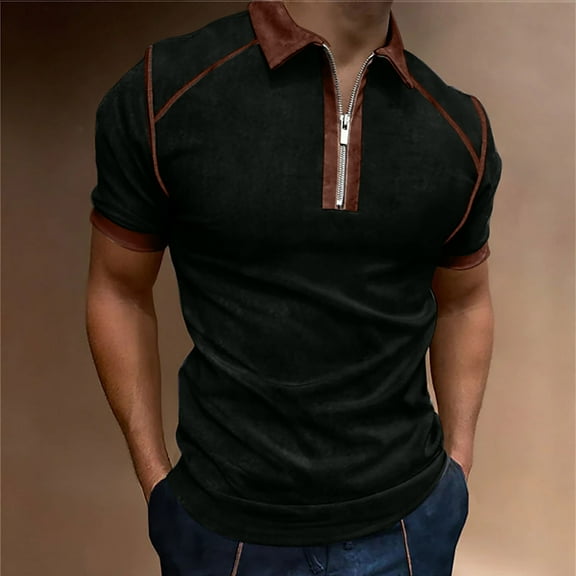 T Shirts for Men with Zipper Collared Short Sleeve Golf Tshirts Shirt Mens Casual Pullover Breathable Color-Block Lapel Workout Tees Tops