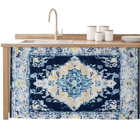 Cabinet Curtain Blue Boho Kitchen Shelf Curtain Desk Under Sink Curtain Skirt Privacy Drape Cover Bohemian Tribal Texture Cabinet Curtains for Kitchen Shelves Laundry Room Bathroom 28x51 Inch