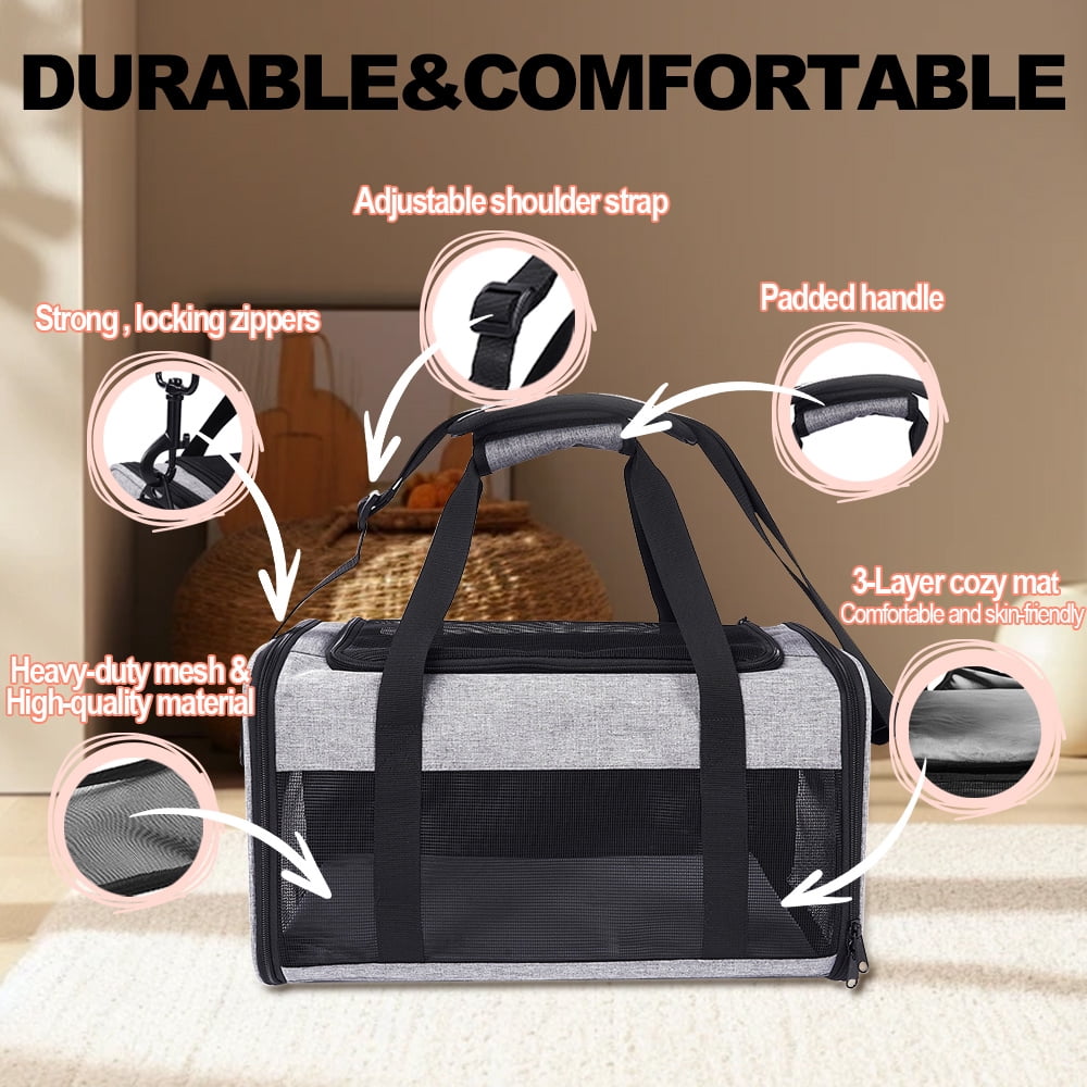 Airline-Approved Pet Carrier For Small To Medium Sized Cats And Puppies (up to 17 lbs) With Folding Litter Box, Collapsible Cat And Dog Carrier For Air Travel And Daily Trips(Grey)