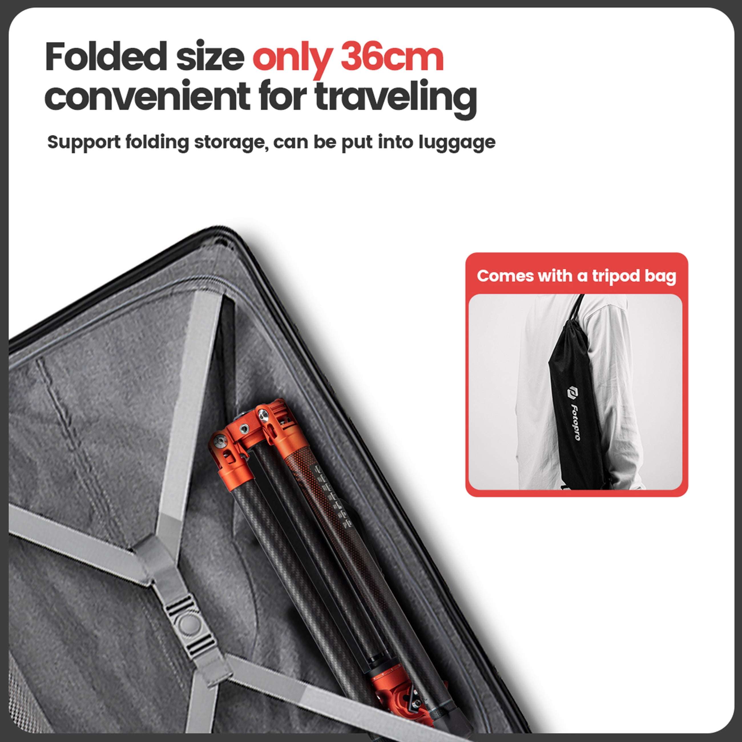 Fotopro 59” Video Tripod for Travel, 0.99kg Lightweight Carbon Fiber Camera Tripod Stand with Video Head, Fast Lock, 1/4" Quick Release Plate for DSLR Camera, 22lbs Load, X-Aircross 2 Video Orange