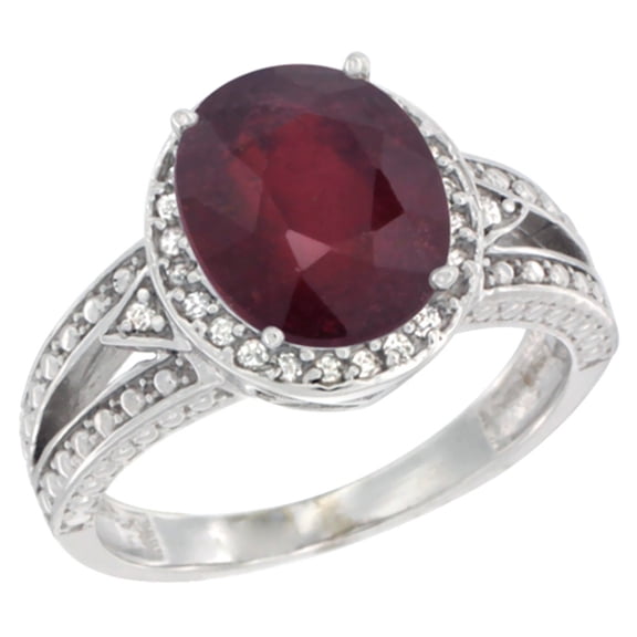 10k White Gold Natural High Quality Ruby Ring Oval 9x7 mm Diamond Halo, size 5