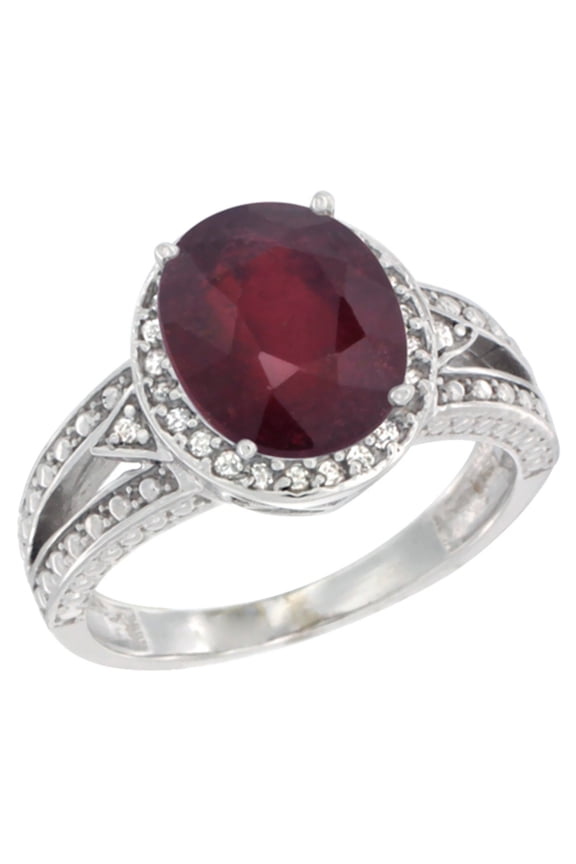 14K White Gold Natural High Quality Ruby Ring Oval 9x7 mm Diamond Halo, size 5.5