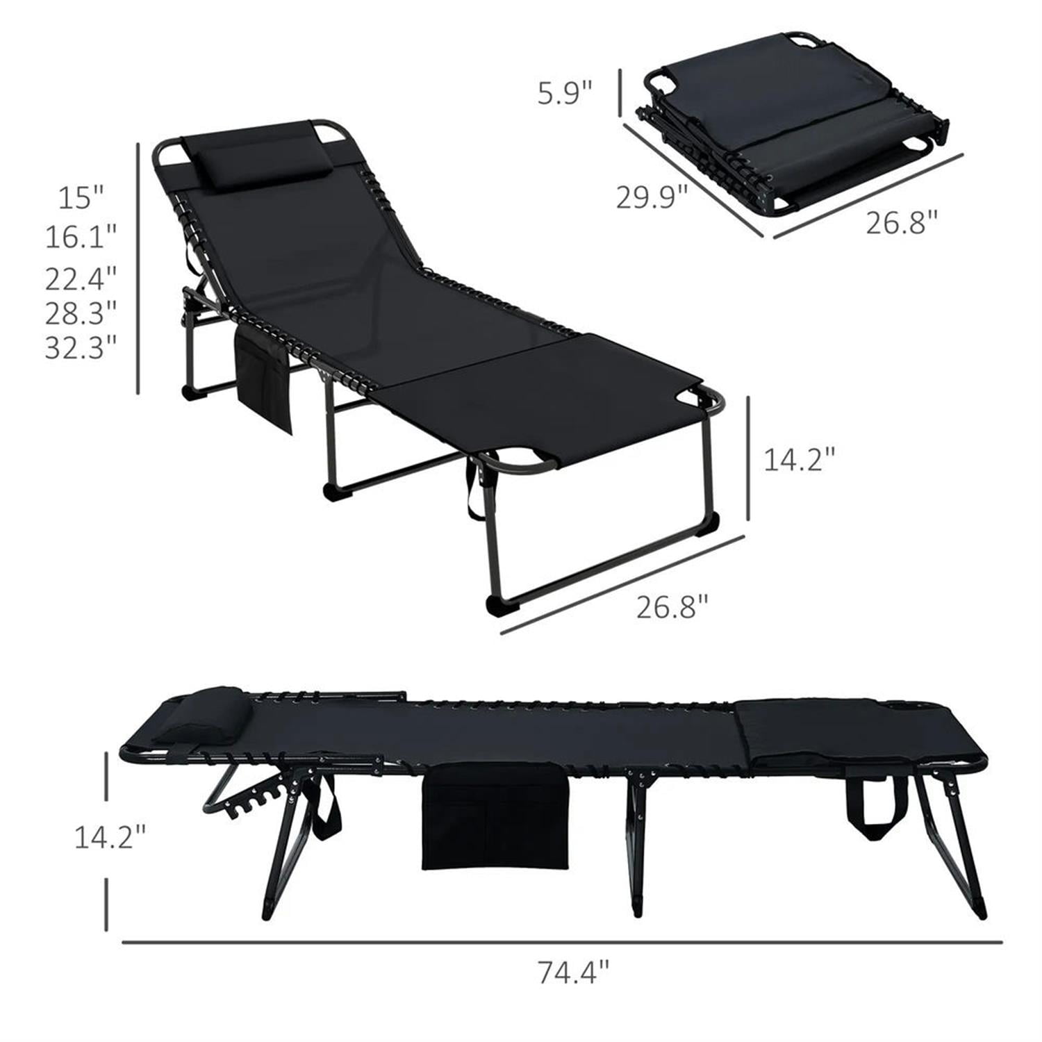 Demi Bonn Outdoor Folding Chaise Lounger with 5-Position Reclining, Built-in Reading Grommet, Side Storage, Pillow Relaxation for Sunbathing, Black