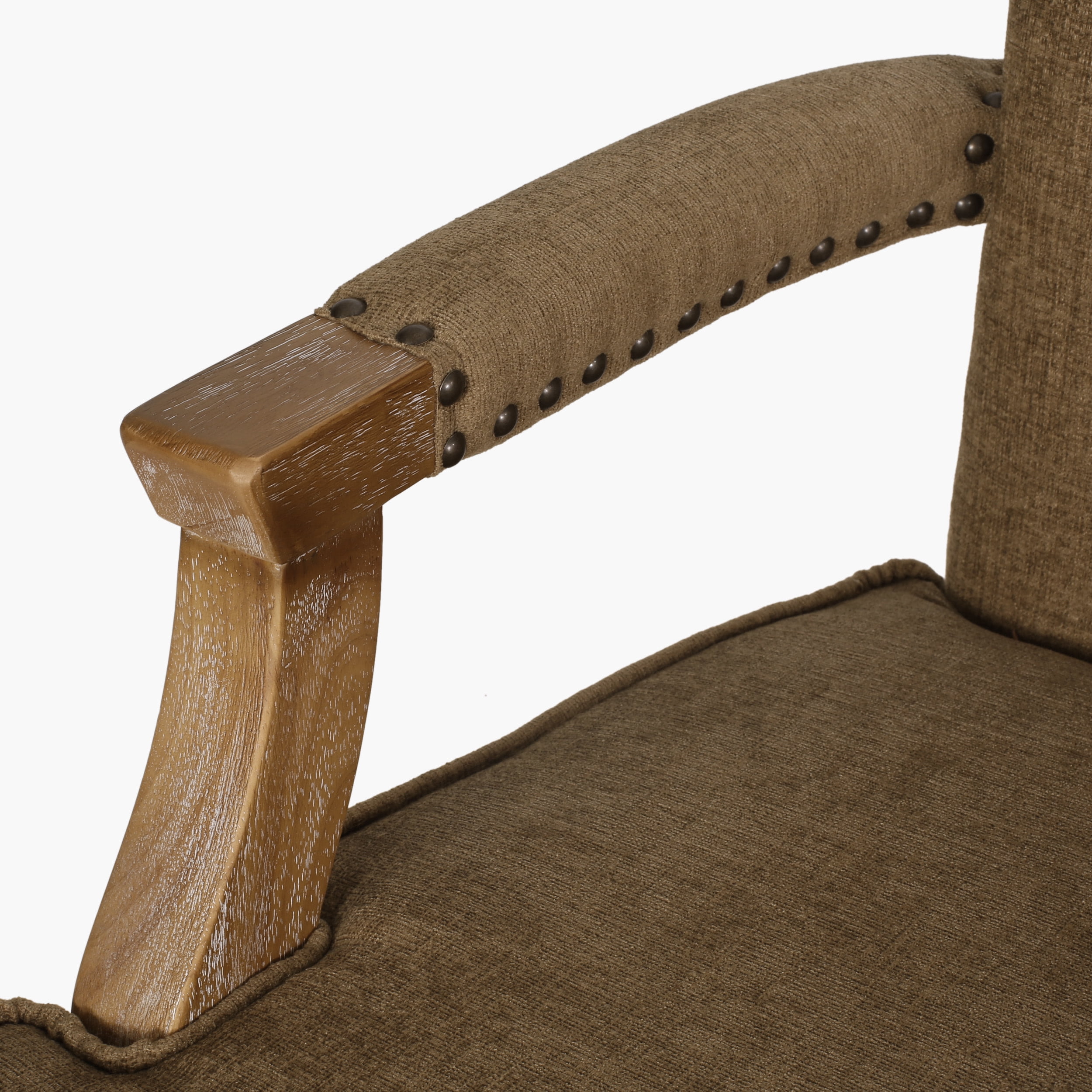 Noble House Ardson Fabric and Wood Dining Arm Chair with Nailhead Trim, Dark Beige and Natural Brown
