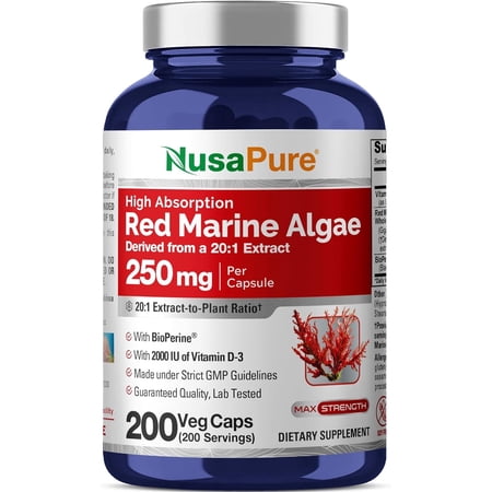 NusaPure Red Marine Algae Capsules 250 mg 200 Veg Capsules (Soy Free Non-GMO)
