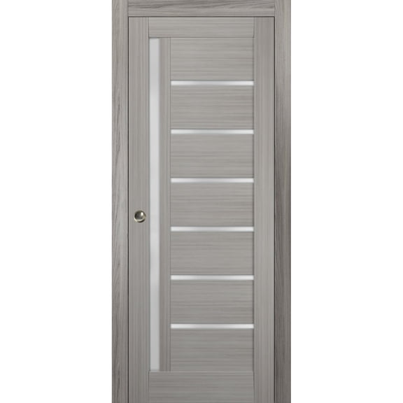 Sliding French Pocket Door 30 x 80 inches with Frosted Glass | Quadro 4088 Grey Ash | Kit Trims Rail Hardware | Solid Wood Interior Bedroom Sturdy Doors