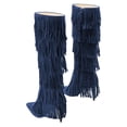 thumbnail image 3 of YDN Women Layer Tassel Pointed Toe Moccasin Boots Knee High Stiletto Mid Heels Western Themed Party Dress Shoes Size 9.5 Navy, 3 of 4
