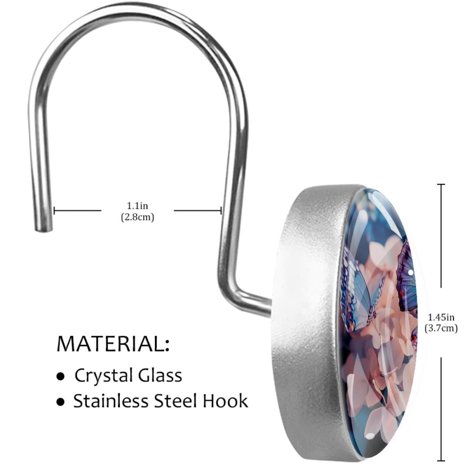 Butterfly on Hydrangea Flower Shower Curtain Hooks Round Crystal Glass, Set of 12 Shower Curtain Rings - Shower Hooks for Curtain Shower Rings