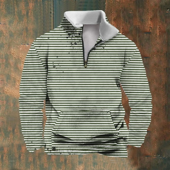 S-4X Big & Tall Sweatshirts for Men with Front Pocket and Zipper Stand Collar Plus Size Pullover Fleece Lined Long Sleeve Stripe Warm Sweatshirt Tops