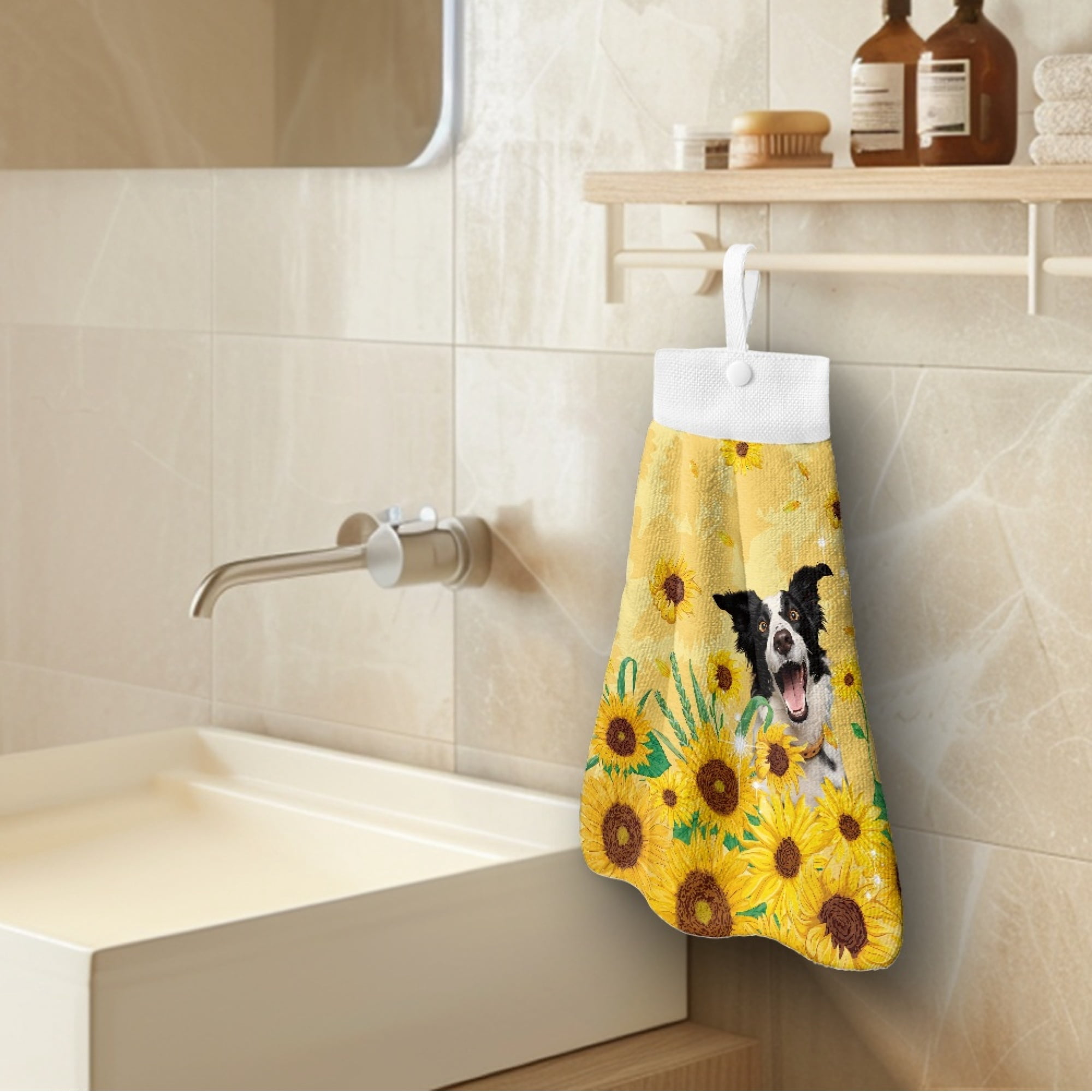ZIATUBLE Sunflower Hand Drying Towels Border Collie Hanging Kitchen Dish Towel Absorbent Bathroom Hand Bath Towel 3 Pcs Easy to Install Dish Towel Hand Towels Dish Cloth Decor Accessories