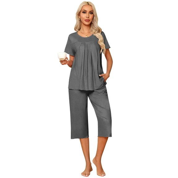 Ekouaer Pajama Set for Women 2 Piece Capri Pants Short Sleeve Top Sleepwear Soft Pjs Loungewear with Pockets