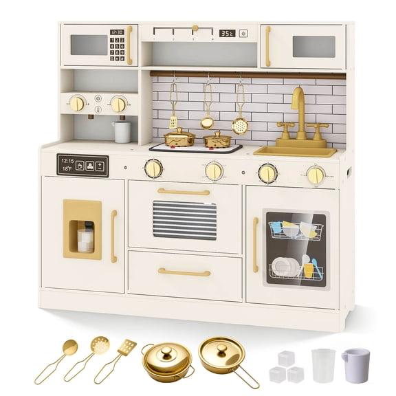 Costway Kids Play Kitchen with Stoves, Light, Sound, Faucet, Sink, Ice Dispenser, Microwave