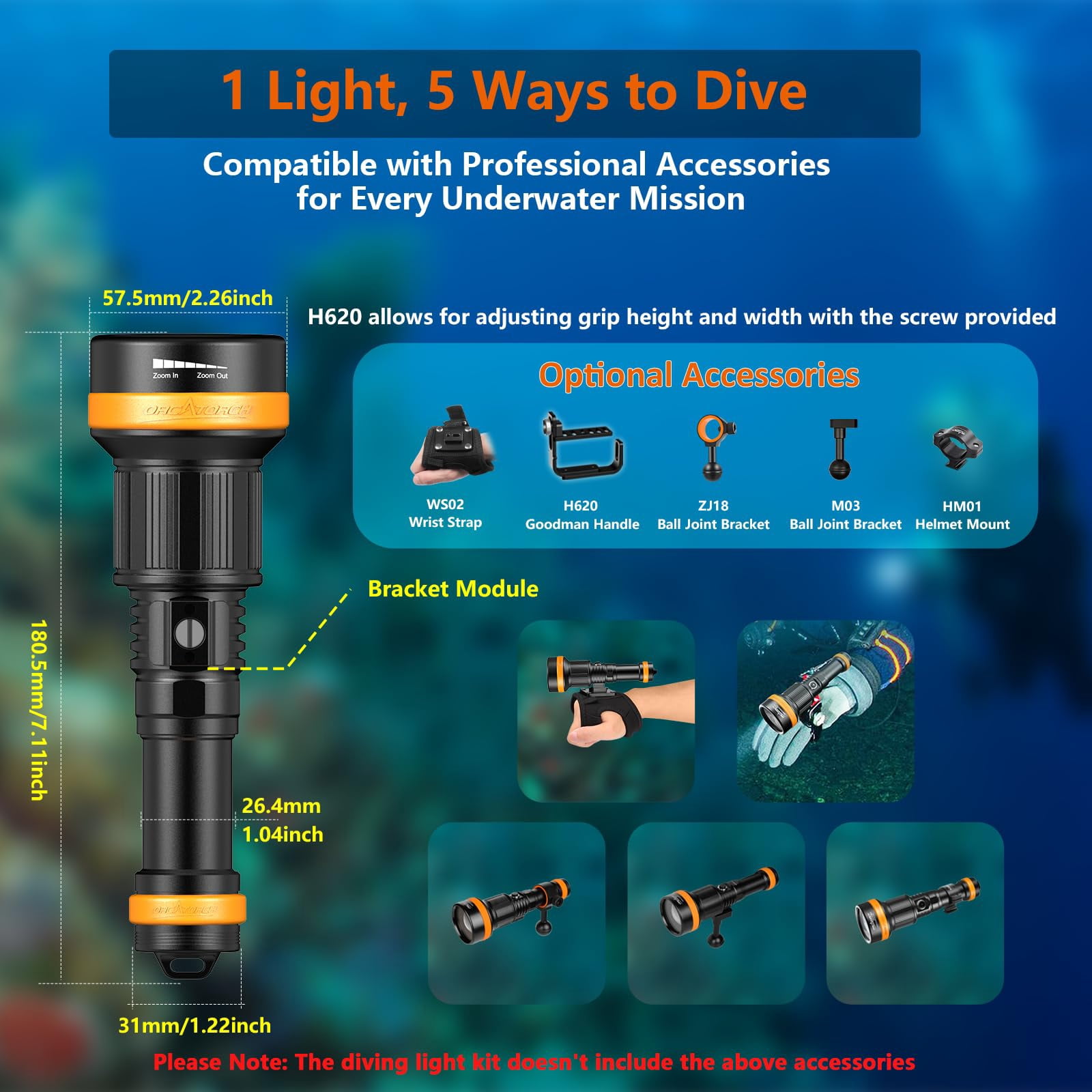 ORCATORCH ZD710 MK2 Zoomable Beam Rechargeable Scuba Diving Flashlight with Spare Battery