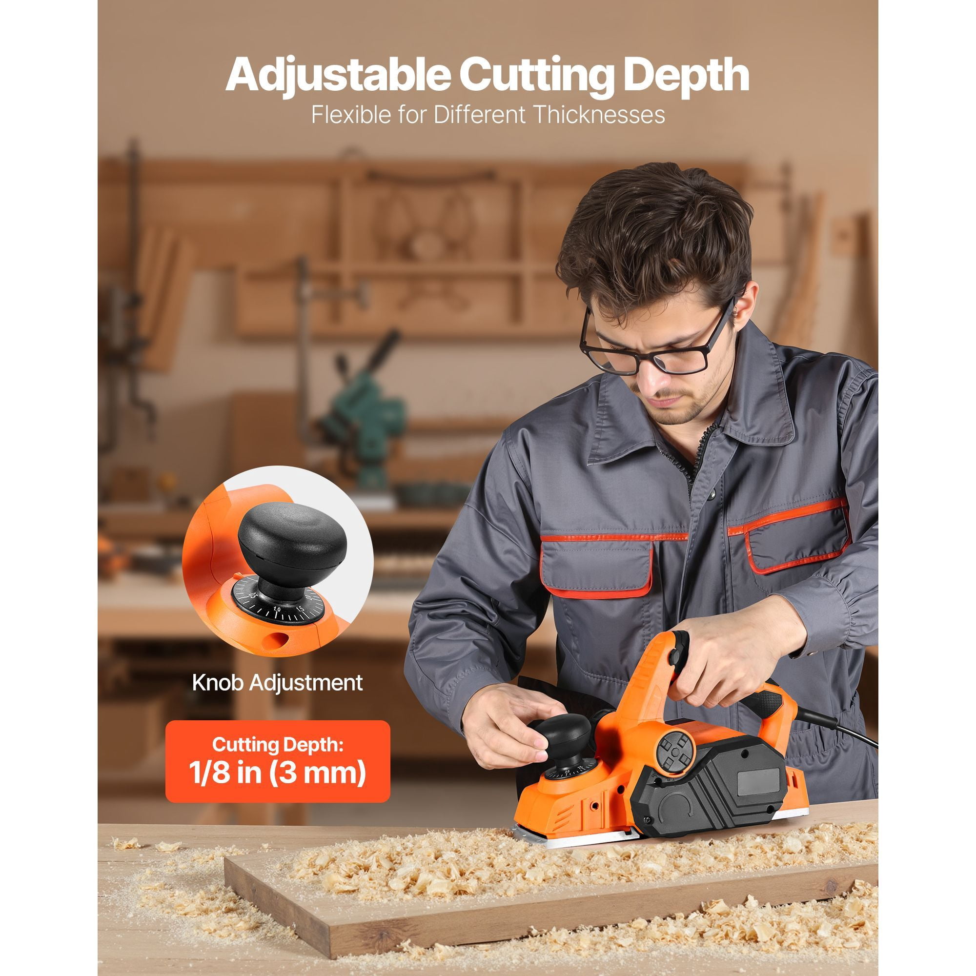 Hand Planer with 3-1/4" Planing Width, 1/8" Depth, Adjustable Knob, Chamfering Groove, for Woodworking DIY Projects