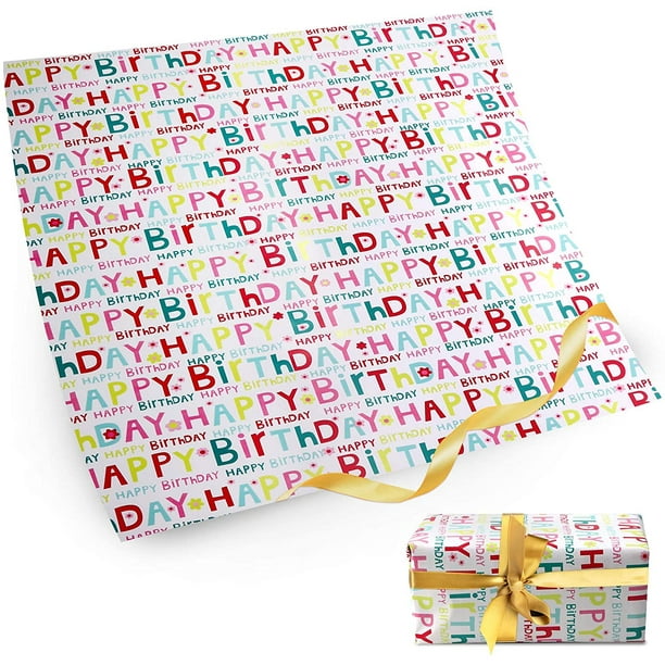 4 Feuilles Papier Cadeau Anniversaire Emballage Cadeaux Papier Kraft avec  Texte Happy Birthday pour Anniversaire Cadeau 50 x 70cm
