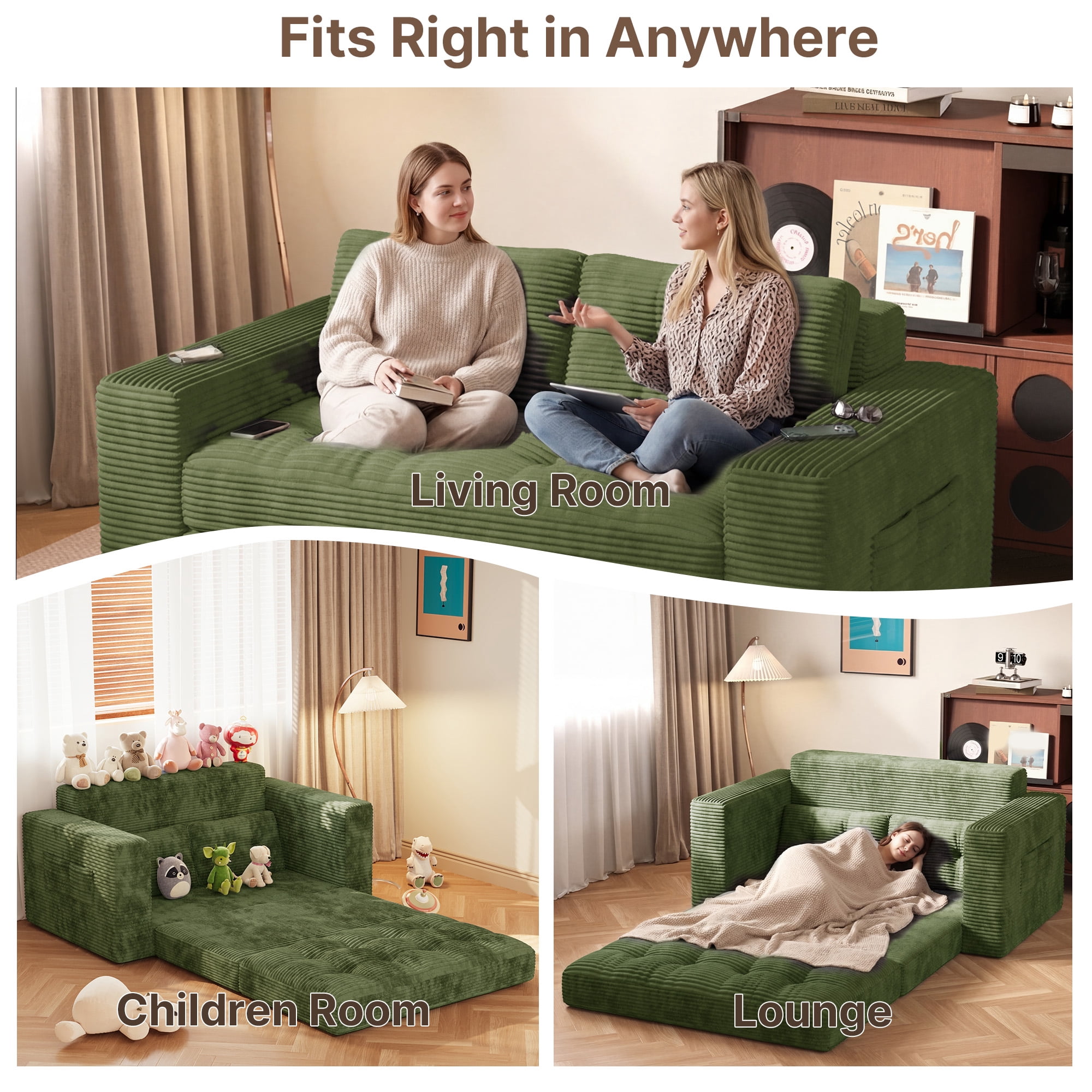 Boneless Convertible Floor Sofa Bed, Lofka 59" Folding Loveseat Couch for Small Spaces, Corduroy 2 Seater Lounge Sleeper with 2 Pillows & Pockets for Living Room, No Assembly, Green