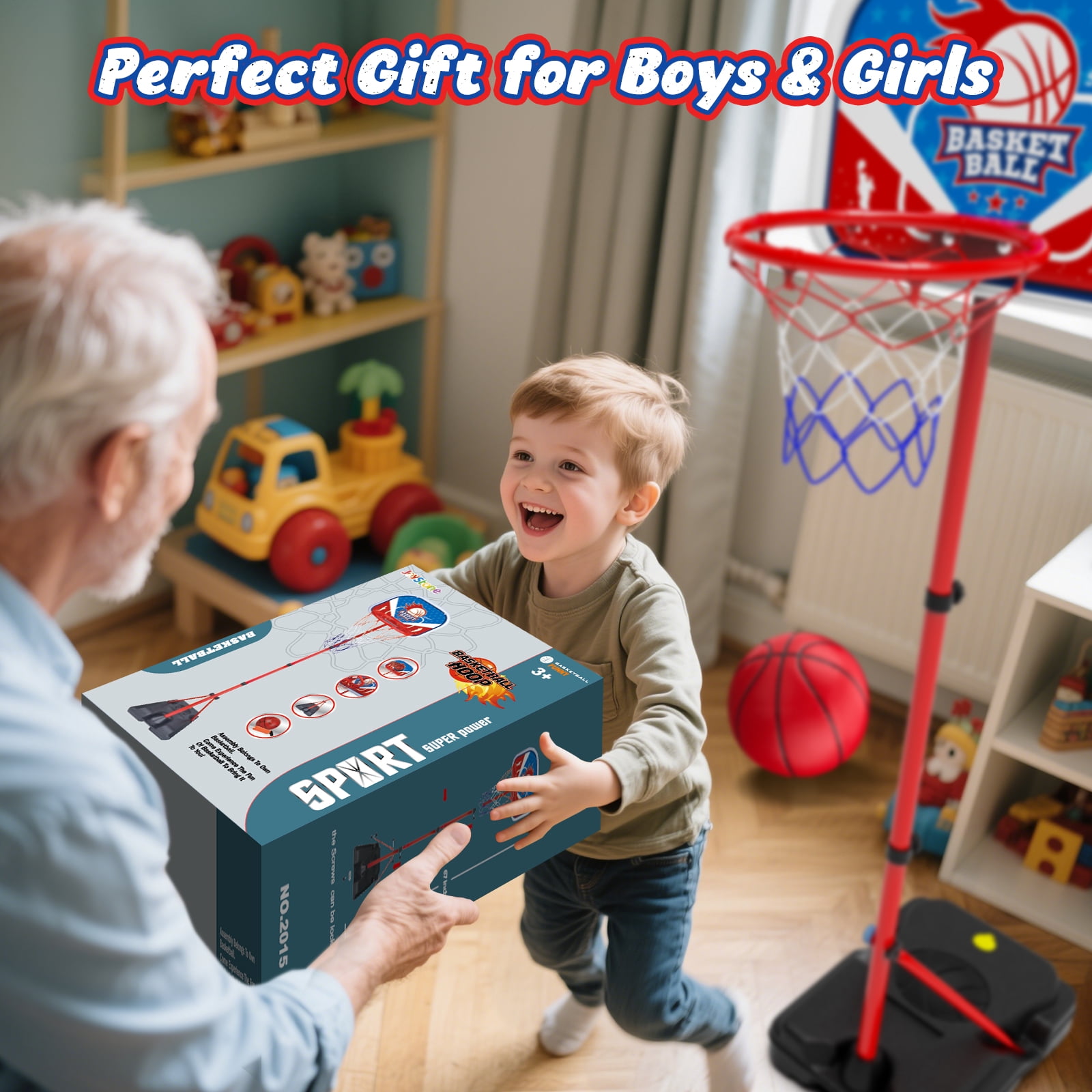 JoyStone Kids Basketball Hoop Adjustable Height 2.9 ft-6.2 ft, Toddler Basketball Hoop Indoor Outdoor Portable Kids BasketBall Goal Toys for Boys Girls Gift