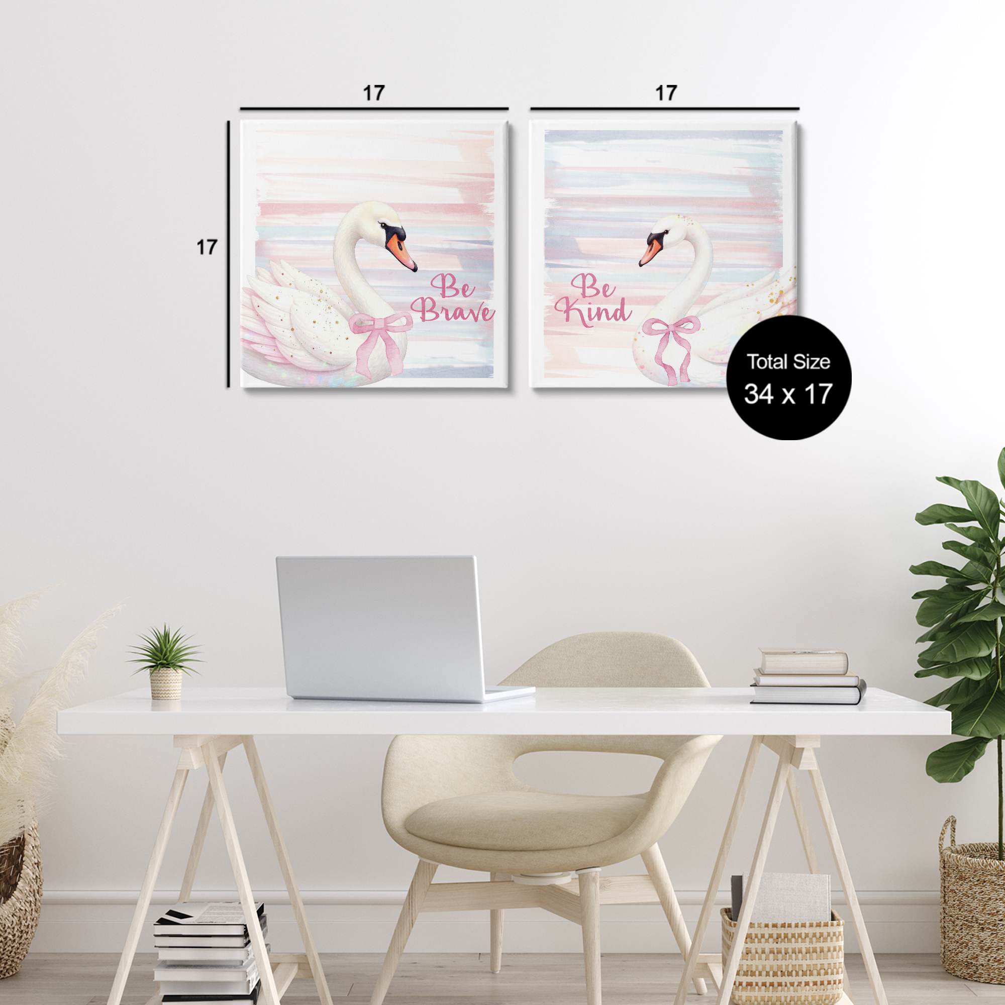 Be Brave & Kind Pastel Swan 2 Piece Canvas Wall Art Set, design by Kim Allen