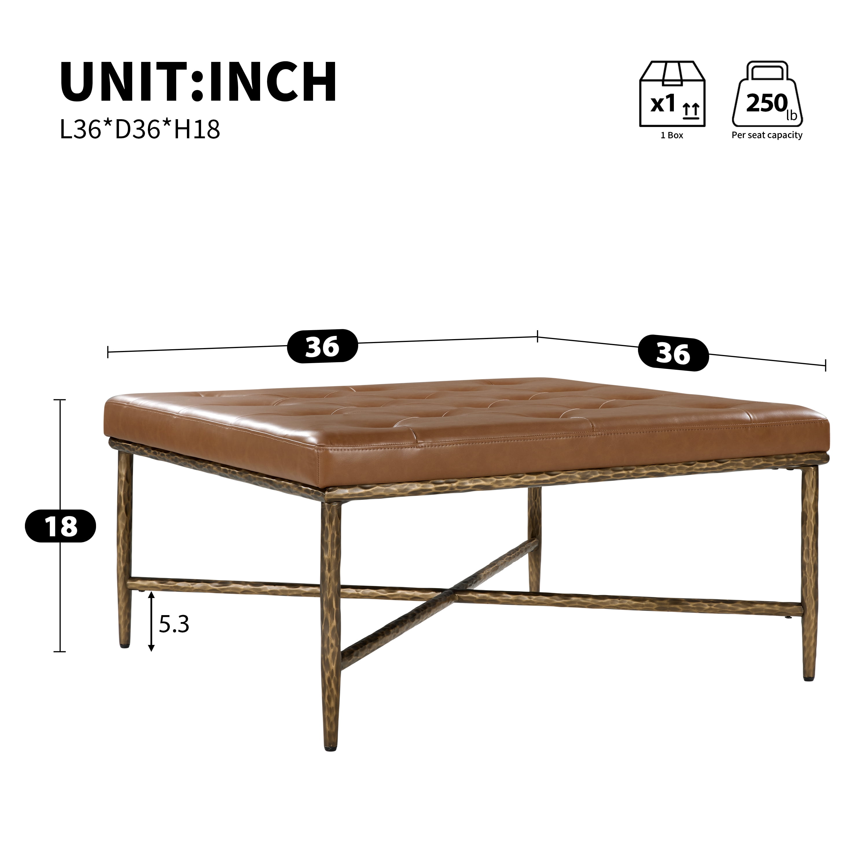 GARITIN Square Tufted Ottoman 36 Inch, Upholstered Footrest with Durable Metal Frame for Living Room Bedroom, Brown