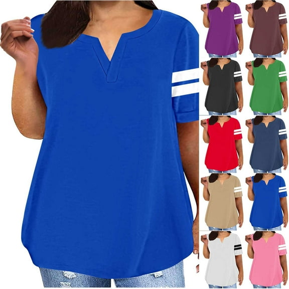 GERsome Womens Plus Size T Shirts Stripe Short Sleeve Comfy Tops Loose Fit Summer V-neck Tshirts, Sizes S-5XL