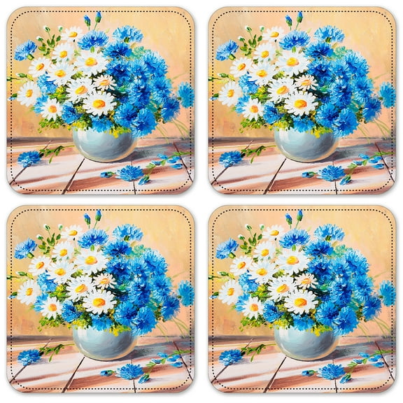 Vinyl Drink Coasters - Set of 4 - Blue & White Daises
