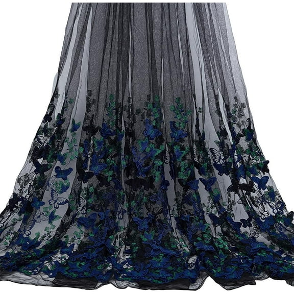 3 Yards Midnight Blue 3D Butterfly Flower Embroidered Tulle Lace Fabric 68.5inch Wide Polyester Floral Butterfly Embroidery Pattern Fabric for Wedding Dresses DIY Costumes & Home Decor