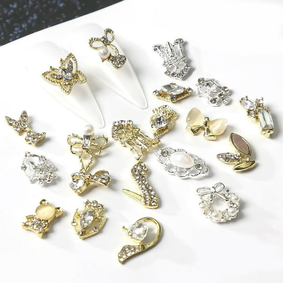 opvise 10Pcs/Set Nail Alloy Ornament Various Shape Non-Fading AB Coating Vintage Series Art Parts Charms Metal Accessories for Female