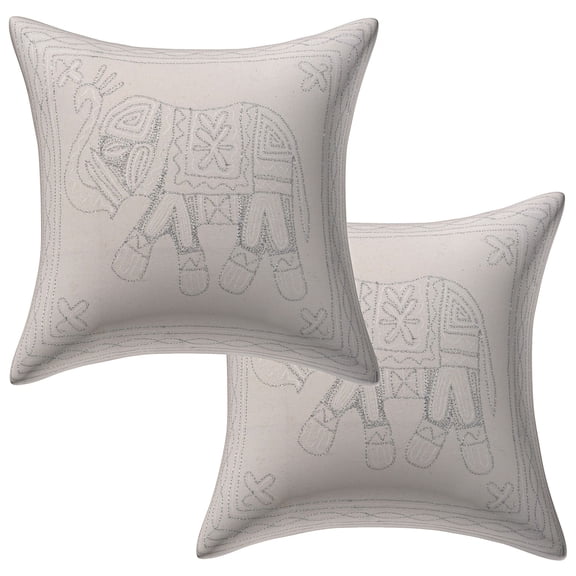 Stylo Culture Indian Settee Sofa Throw Pillow Covers 16 x 16 Silver Thread Embroidered White Silver Ethnic 40cm x 40cm Home Decor Cotton Elephant Square Cushion Covers | Set Of 2