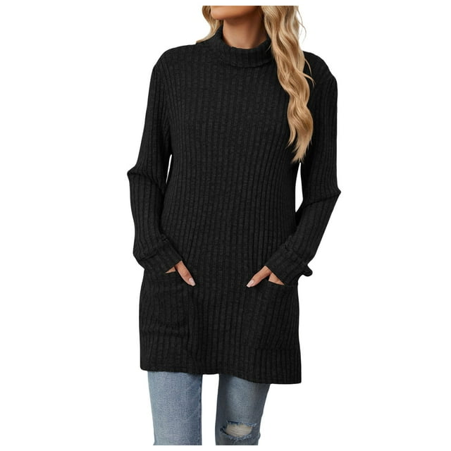Nouveau Chandail Ample à Col Roulé Manches Longues avec Poche pour Femmes