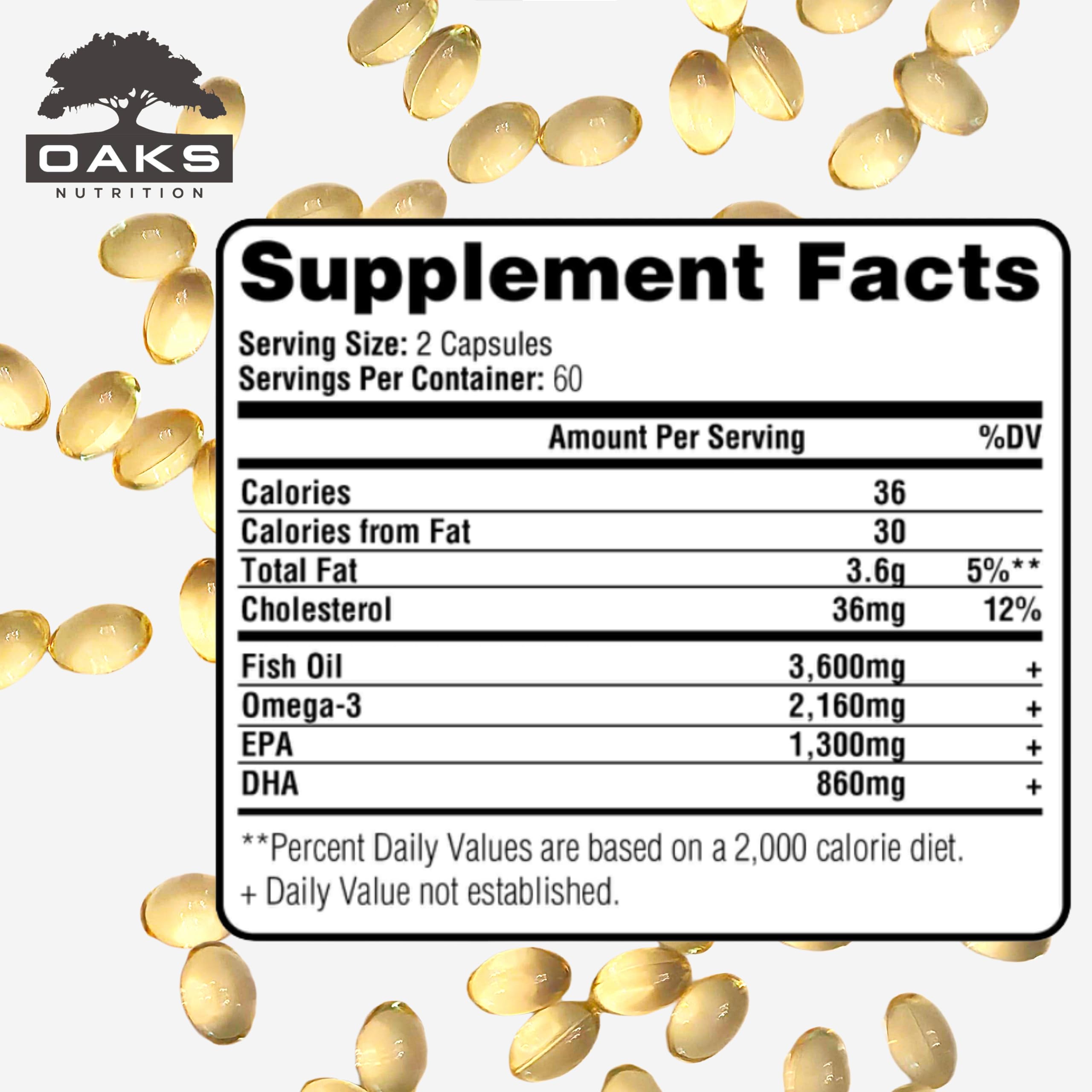 Oaks Nutrition 3600mg Fish Oil, 2160mg Omega-3 (1300 EPA/860 DHA), 120ct