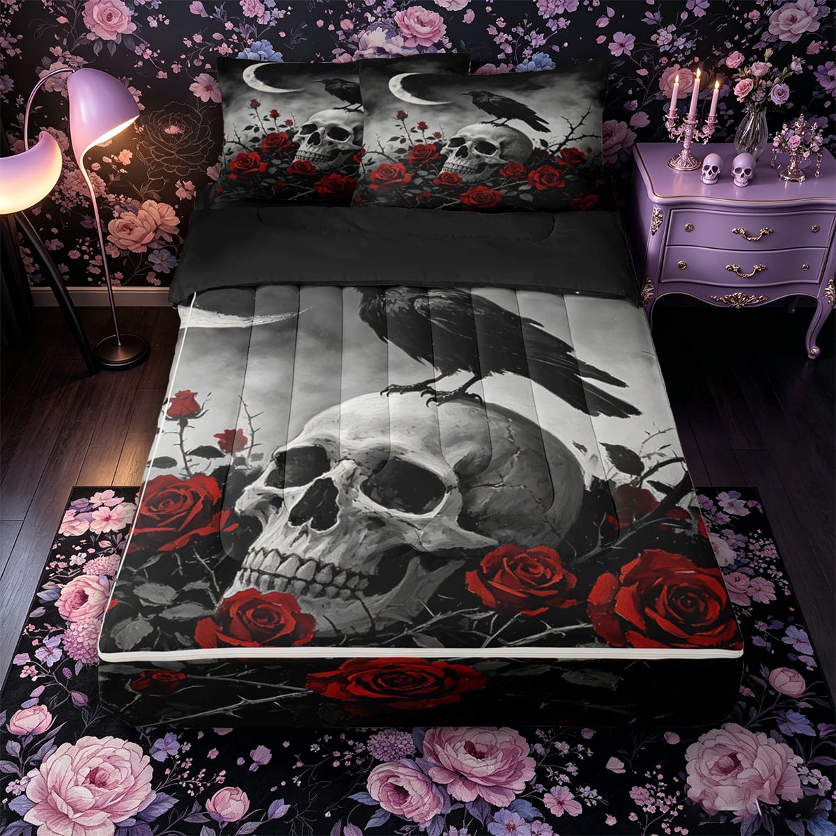 Castle Fairy Boho Thorn Rose Zipper Full Size Comforter Sets with Fitted Sheet and 2 Pillowcases Gothic Crow Crescent Skull Zipper Bedding Set Red Black 4pcs Black Reversible