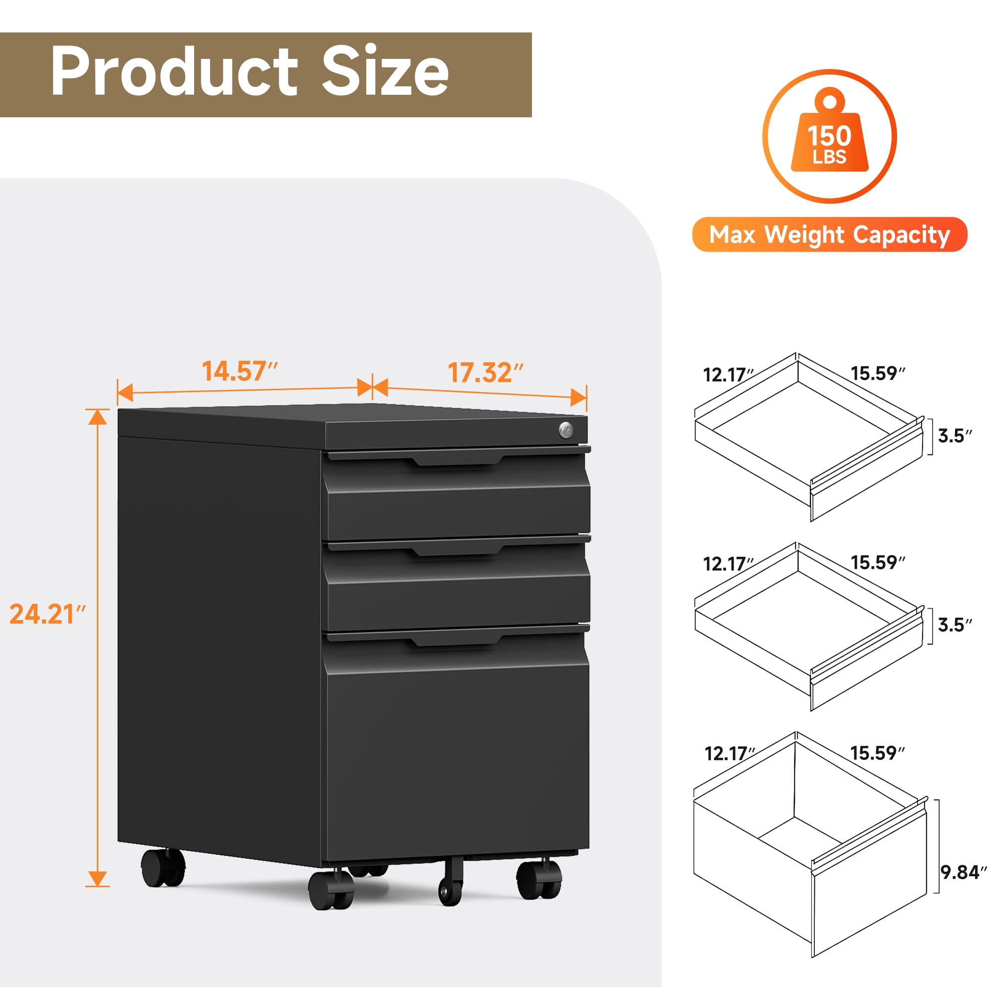 TOPASS 3 Drawer Mobile File Cabinet, Under Desk Metal Storage Cabinet with Wheels, Requires Installation (Black)
