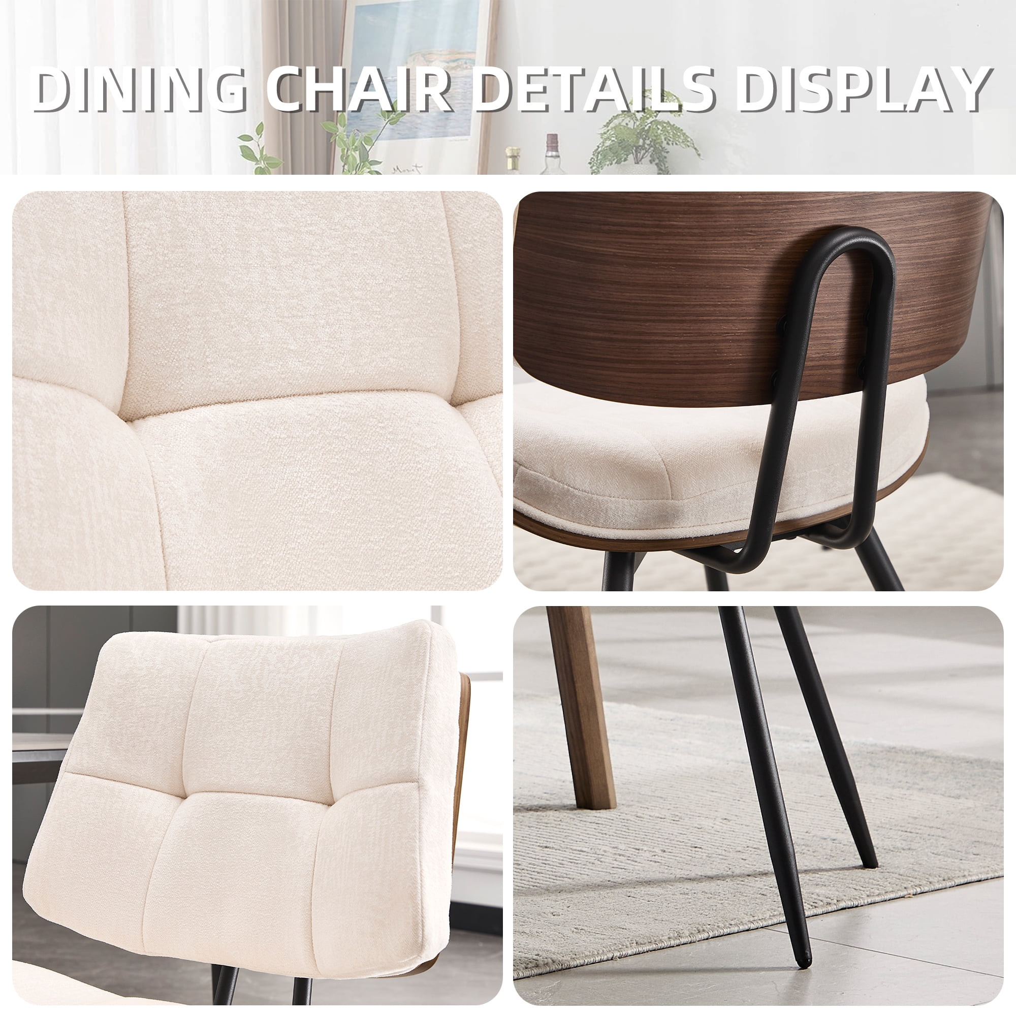 Dining Chairs Set of 4, Mid-Century Modern Kitchen & Dining Chairs, Fabric Upholstered Accent Chairs with Metal Legs, Walnut Style Armless Side Chairs for Guest Reception Waiting Room, Beige
