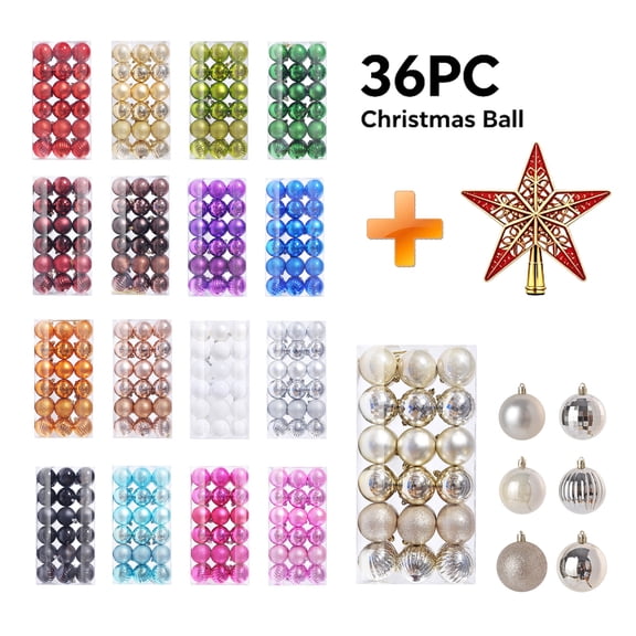 Christmas Tree Ornaments Set 36 Pack with Tree Topper Star, Shatterproof Plastic Christmas Balls with Hanging Loops, Mini Baubles for Xmas Tree, Wreath, Garland, Wedding, and Home Decor