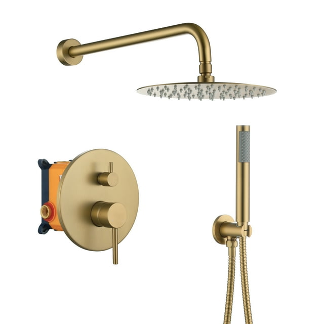Boyel Living 10 in Shower System Wall Mount Rainfall Shower Head with Handheld Shower,2-function Bathroom Round Shower Set Dual Shower Heads,Shower Faucet Set in Brushed Gold
