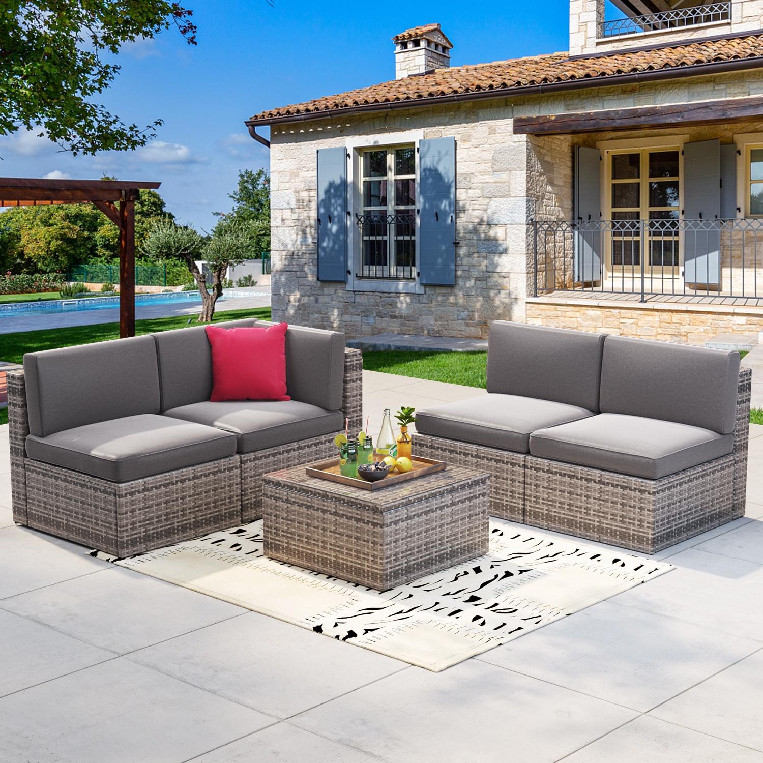 BaPiPro 5pcs Outdoor Patio Furniture Set, PE Rattan Wicker Sectional Conversation Set with Glass Coffee Table,Gray