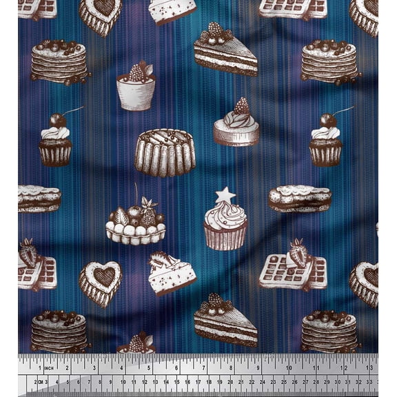 Soimoi Blue Cotton Voile Fabric Fruits & Cupcake Food Print Fabric by Yard 42 Inch Wide