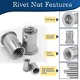 thumbnail image 4 of 3/8''-16 UNC Rivet Nut, 28Pcs 304 Stainless Steel Flat Head Rivnut Threaded Insert Nutsert, 4 of 7