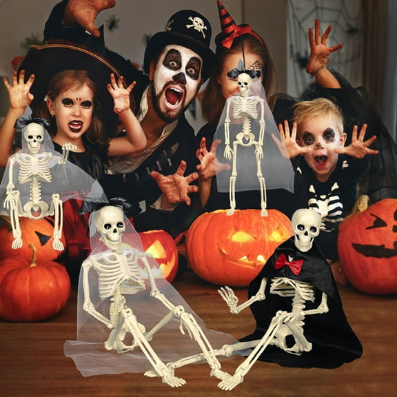 Dserhfy Halloween Skeleton Bride Groom Statue 15 Inch Plastic Posable Skeleton Wedding Couple Hanging Ornament with Veils Robe for Haunted House Decor