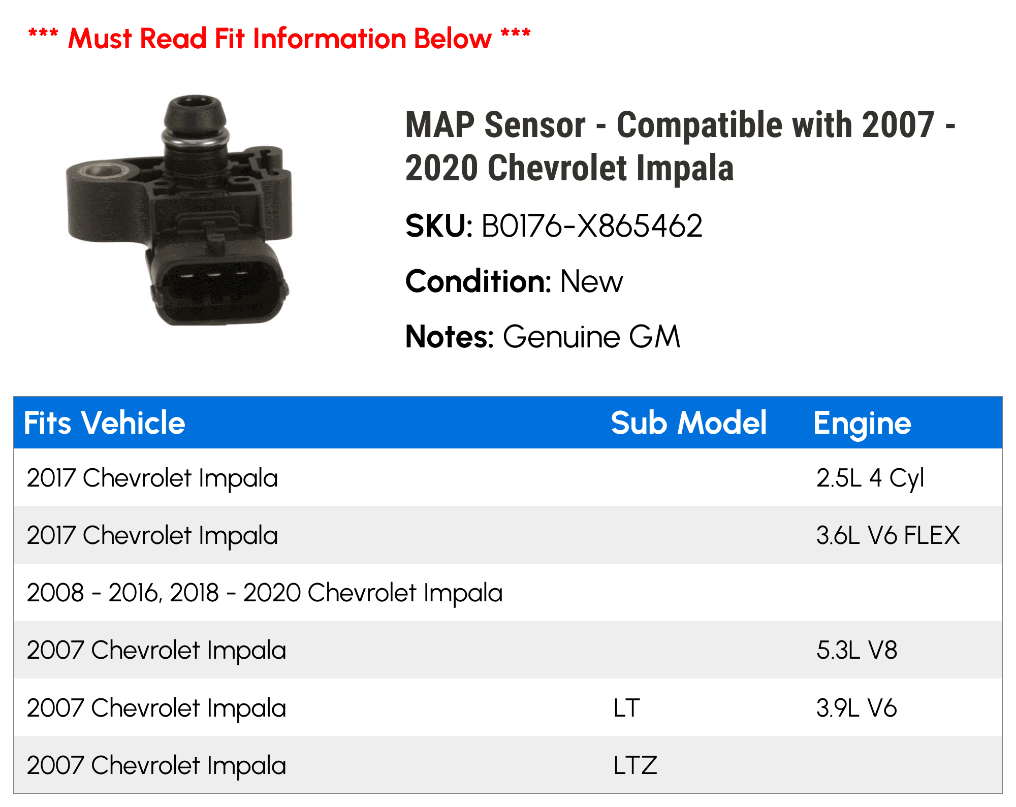 MAP Sensor - Compatible with 2007 - 2020 Chevrolet Impala - AC Delco